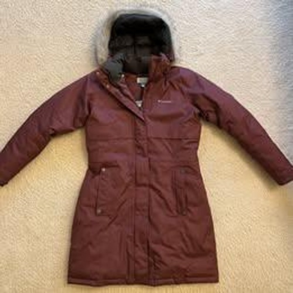Columbia Omni-Heat Lonf Maroon Faux Fur Hood Warm Parka Coat Women L